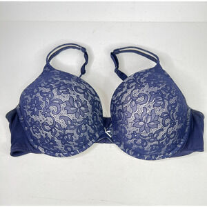 Cacique Boost Plunge Lightly Lined Underwire Bra Lace Navy Blue 46DD